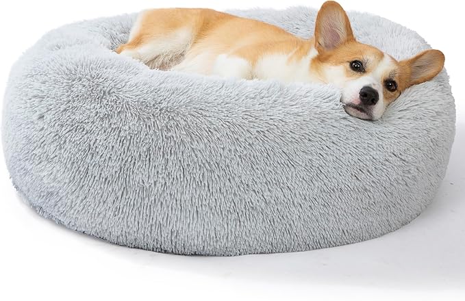 SAVFOX 30 inches Calming Donut Dog Bed - 3X Durable Plush Faux Fur, Machine Washable & Non-Slip, Fits up to 45 lbs, Light Grey