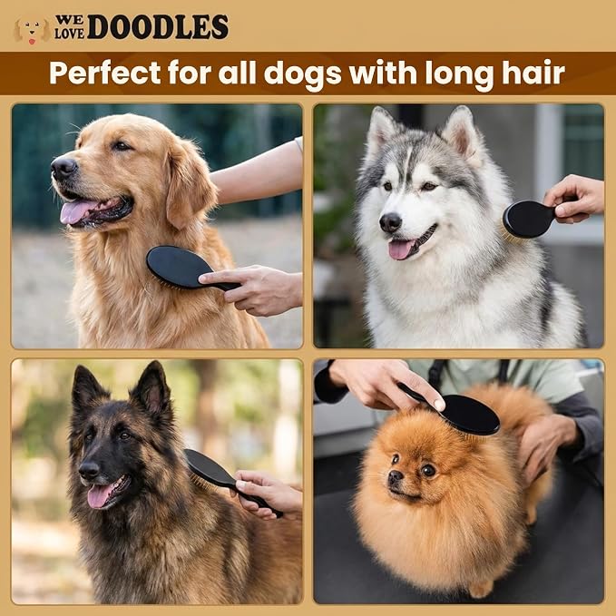 We Love Doodles Pin Brush for Dogs, Pet Grooming Detangler Pin Dog Brush, Dog Brush for Shedding and Removing Loose Fur, Lightweight Beech Wood (Gold Pins)
