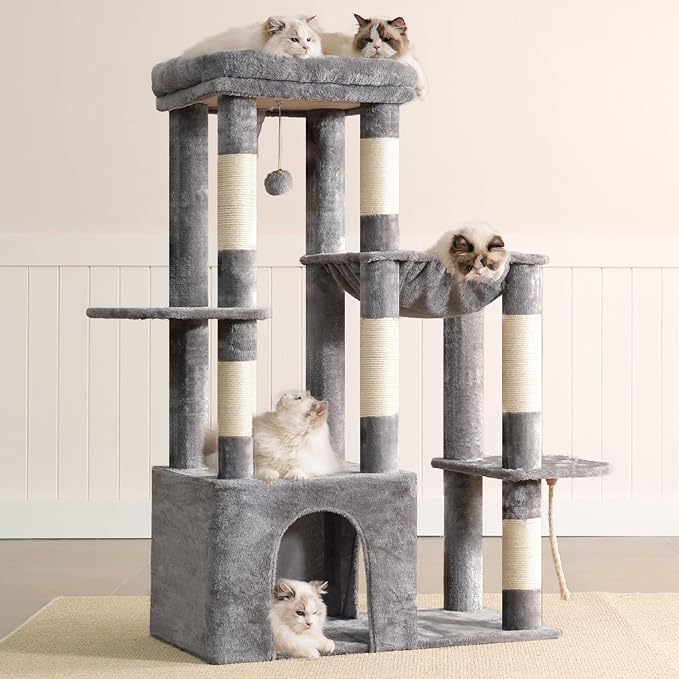 Heybly Heavy Duty Cat Tree with Large Base for Large Indoor Cats HCT026W | Cat Tower with Scratching Posts, Tall Cat Condo House , Multi-Level Plush Furniture with Hammock & Toy Balls, Light Gray