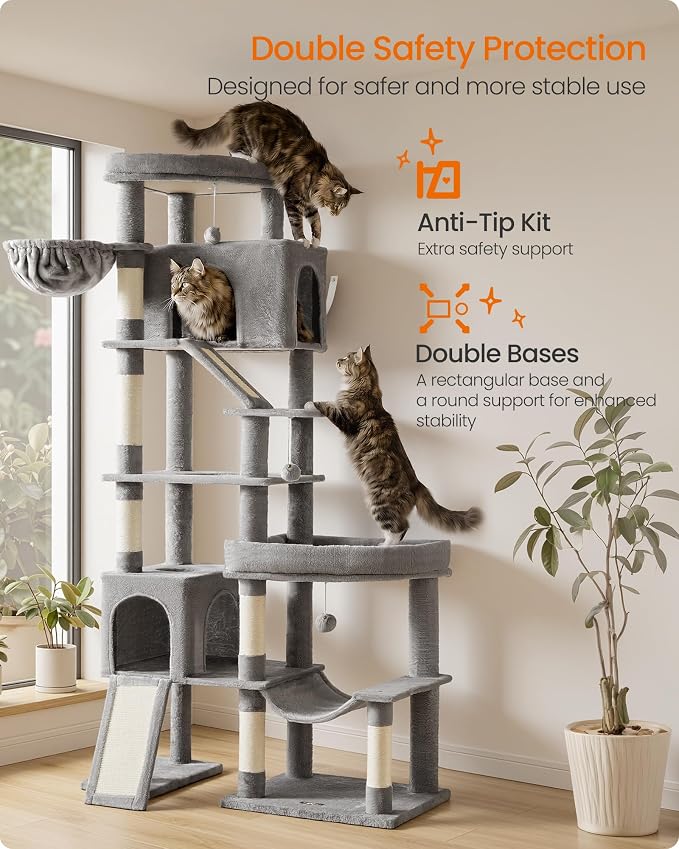 Feandrea Multi-Level Cat Tree for Large Cats, 79.5 inch Tall Cat Tower with 6 Resting Areas and Sisal Scratching Posts, 41.3 x 17.7 x 79.5 inch, Dove Gray Clawfy Collection UPCT020G101