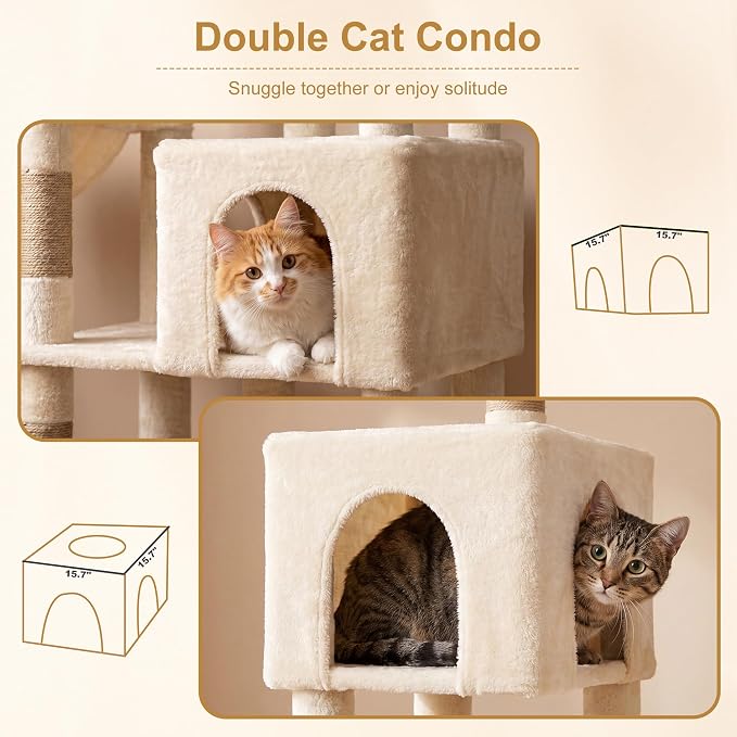 Heybly 68.1" Cat Tree with Oversized Top Platform & Wide Base HCT059MJ | Heavy Duty Cat Tower for Large Indoor Cats with 2 Condos, 2 Hammocks, 10 Sisal Scratching Posts, Stable Cat House, Beige
