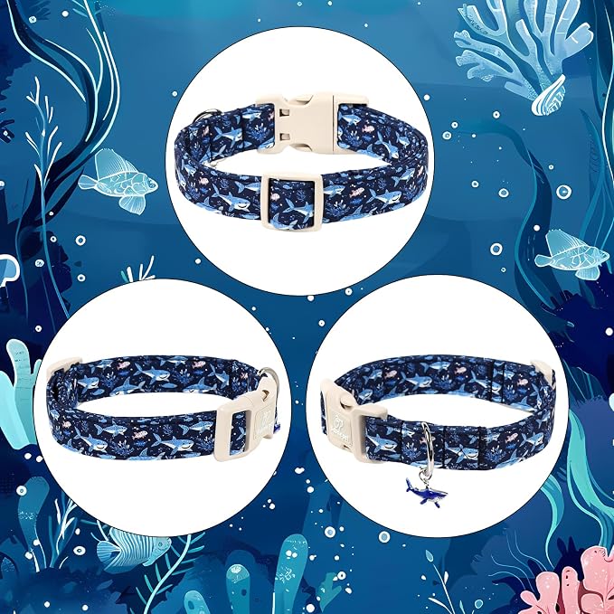 Blue Shark Dog Collar, Cute Boy Dog Collars for Puppy Small Dogs - Summer Ocean Pattern Female Male Dogs Collar, Durable Adjustable Pet Cartoon Collars with Quick Release Buckle XS