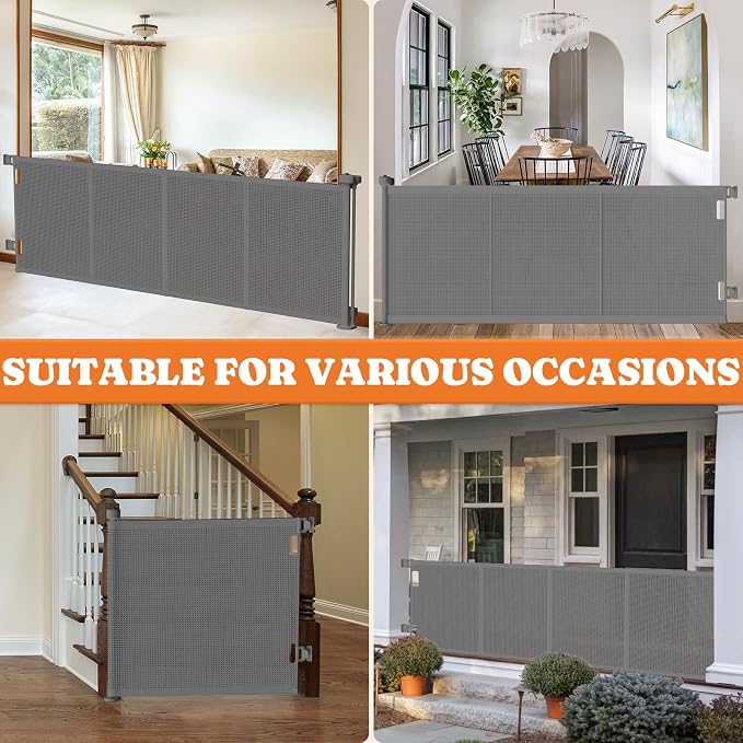 Upgrade 120" Retractable Baby Gates Extra Wide with Reinforced Strips, Mesh Retractable Dog Gate for Garage, 41" Tall Retractable Gate Indoor Outdoor for Pet and Baby-Grey