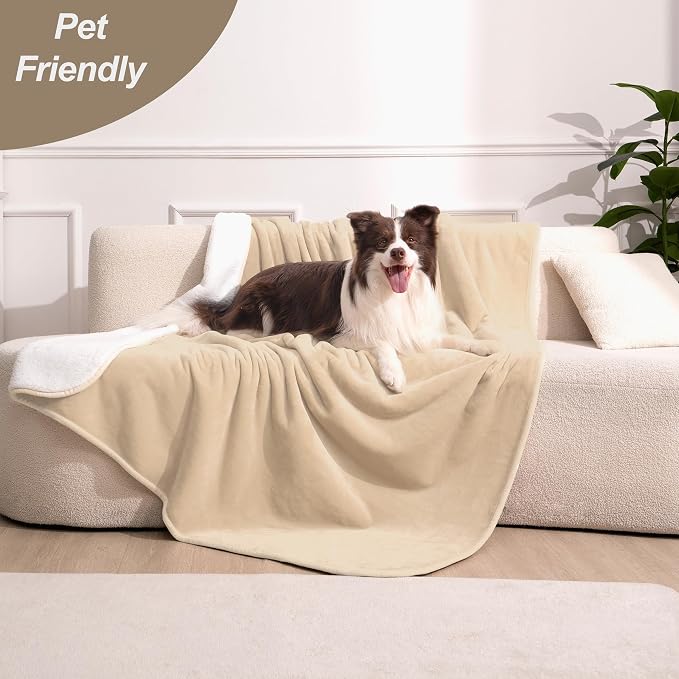 gogobunny Waterproof Bed Blanket, Reversible Sherpa Fleece Throw Blanket for Dog Puppy Cat, Furniture Cover Protects Bed Couch Sofa from Liquid Pee and Pet Fur (Beige, 25x35 inches)