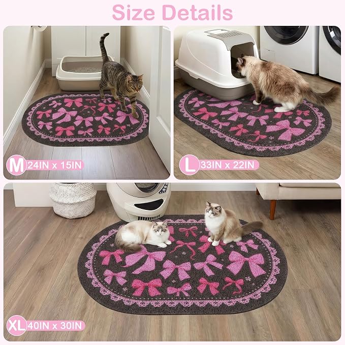 Bienbee Cat Litter Mat, 24" x 15" Litter Box Mat Rug with Non-Slip Bottom,Urine and Water Proof, Easy to Clean Cat Supplies Essentials for Indoor Kitty Kitten Floor, Pink Bow M