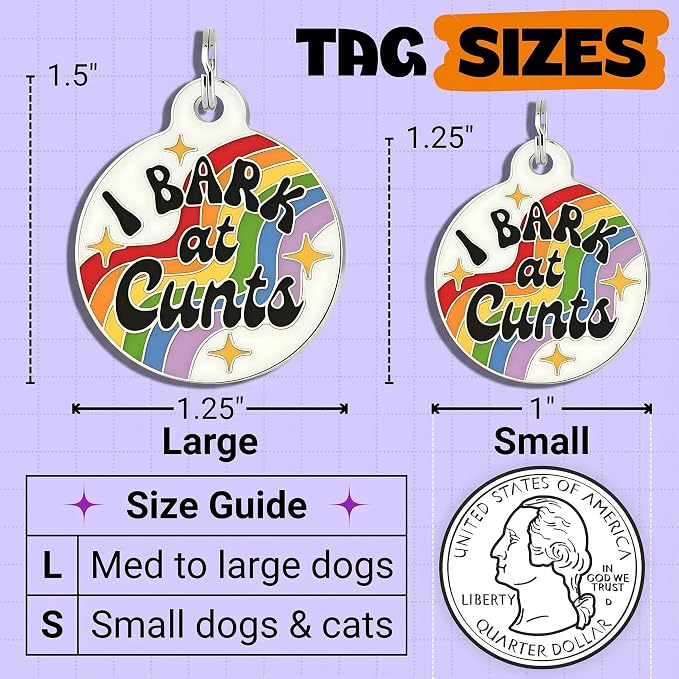 Bad Tags Personalized Dog and Cat ID Tags in 25+ Designs and 2 Sizes - 5 Lines of Custom Engraved Text - Funny Cute Personalized Pet Tags (I Bark at C*NTS - Rainbow, Small (1 inch))