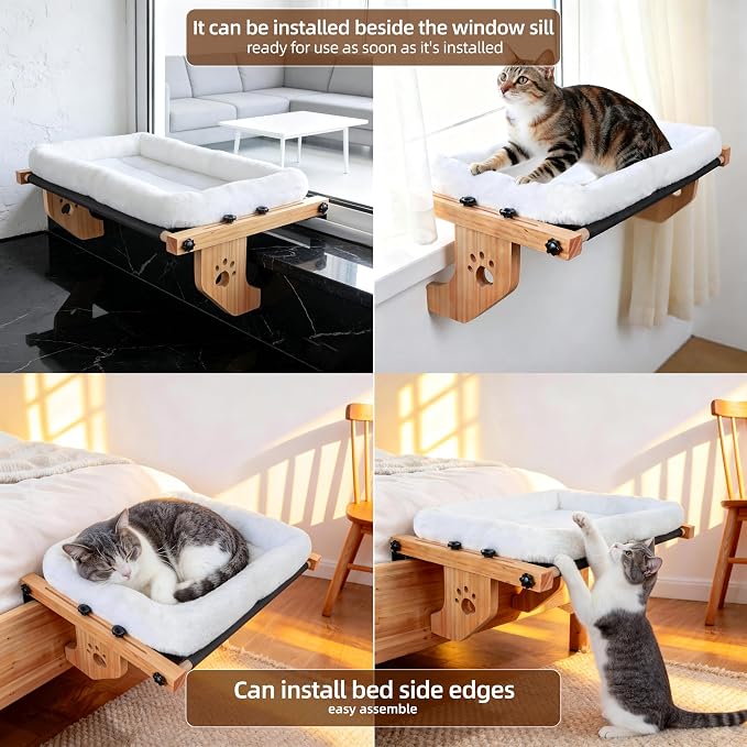 ESPETS Large Cat Window Perch, Kitten Window Hammock for Napping(White) | ESPETS Cat Window Perch with Solid Wood, Sturdy Warm Kittens Hammock, Pet Window Seats, Sleeping & Overlooking & Napping
