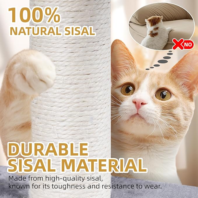 Three Layer Cat Tree with Cat Condo and Two Hammocks,Grey | 3-Tier Cat Tree,Scratch Pad ,Natural Sisal,Replaceable Hanging Balls,Sturdy Cat Furniture for Kitten&Adult Cat