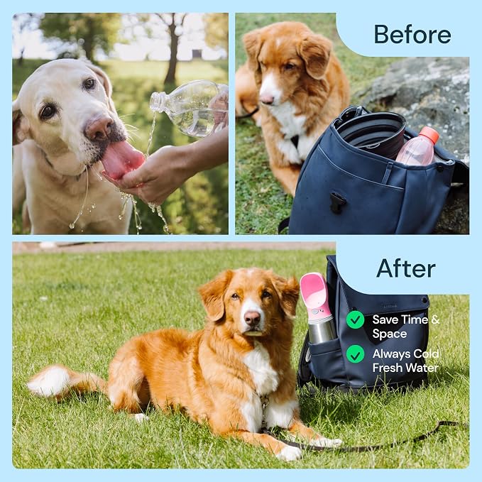 MalsiPree Insulated Dog Water Bottle - 24 oz Pink, Stainless Steel | 24oz insulated steel bottle & bowl - leak-proof - Use for dog travel, hiking, park & beach days