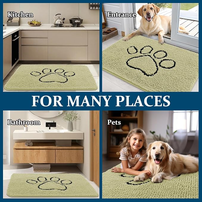 OLANLY Dog Door Mat for Muddy Paws 48x30, Paw Print Design Chenille Mud Mat | Vanilla, Absorbent, Traps Moisture and Dirt, Non-Slip Washable Doormat, Quick-Drying Indoor Entryway Floor Carpet for Dogs
