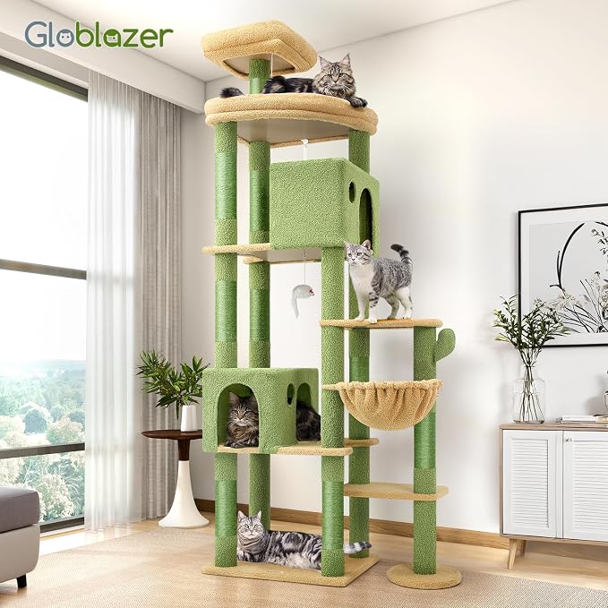 Globlazer Cactus Giant Cat Tree for Indoor Large Cats, 83in, F83, Green | XXL Cat Tower with 9 Scratching Posts for 20lb+ Heavy Duty Large Adult Cats