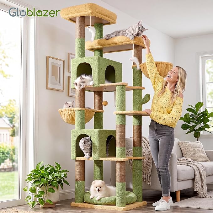 Globlazer Sturdy Extra Large Cactus Cat Tower for Indoor Cats, S81C, Green | 81 inch Heavy Duty Cat Tree for Indoor Large Adult with 8 Scratching Post, 2 Cat Condos, 2 Platform