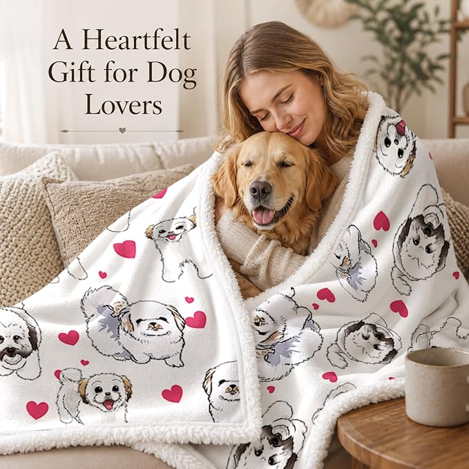 BlessLiving Shih Tzu White Throw Blanket with Dense Dog Patterns Sherpa Fleece Blanket Couch Bed, Soft Cozy Warm Pet Blankets for Puppy Lovers Cute Snowball Animal Print Gift 60x80 Inches