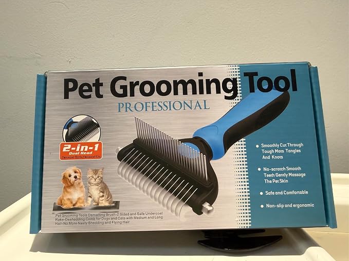 2-in-1 Pet Grooming Comb, Undercoat Rake & Deshedding Brush for Dogs&Cats | Safely remove loose undercoat & mats . reduces shedding by 95% without hurting skin. Ideal for medium & long hair pets,blue