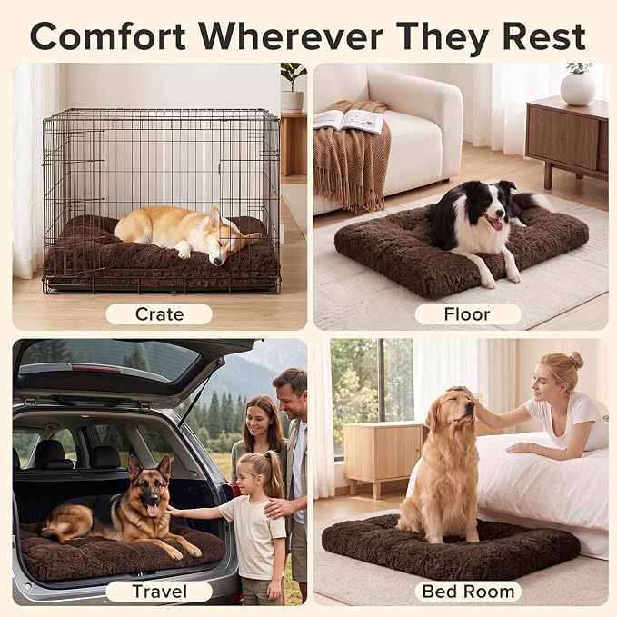 JOEJOY Dog Bed Crate Pad, Deluxe Plush Washable Dog Beds Fulffy Soft Kennel Pad Anti-Slip Pet Sleeping Mat for Small Dogs,23" x 18", Brown