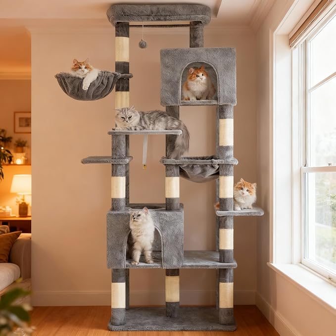 Heybly Cat Tree, 76-Inch Tall Heavy Duty Cat Tower for Big Cats HCT039W | Multi-Level Large Cat Furniture with Extra Wide Baseboard, 2 Condos & 2 Hammocks, 10 Scratching Posts, Light Gray