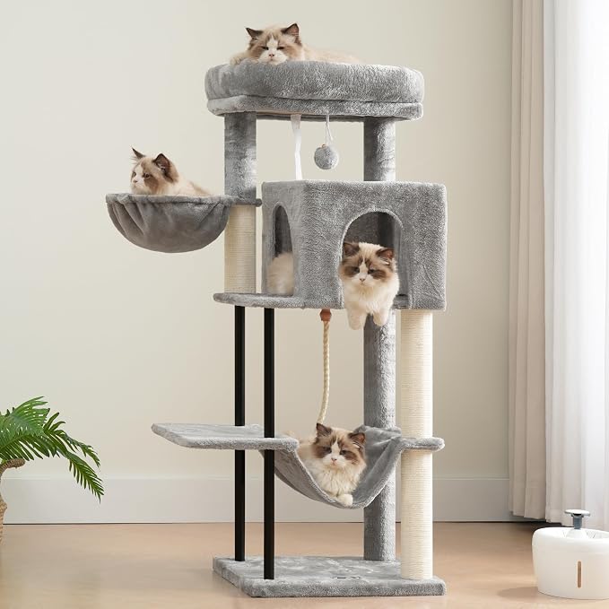 Cat Tree, 43.3'' Cat Tower with Hammock for Kittens GCT004SW | Cat Condo House for Small Indoor Cats, Basket, Scratching Post, Large Platform, Sturdy Steel Tube, Sisal Rope, Light Gray