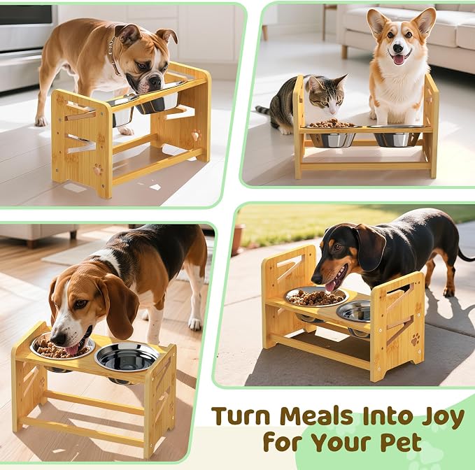Elevated Dog Bowls, Adjustable Raised Dog Bowl Stand for Medium and Small Dog, 11" High Bamboo Pet Food Feeder with 2 Stainless Steel Dishes(4 Heights)