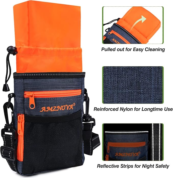 AMZNOVA Dog Treat Pouch Treatnow Dog Treat Bag, 6 Cups, Heather Navy | Training Pouch with Waist Belt & Clicker for Training & Walking, Waist Clip On Snack Fanny Pack for Pet