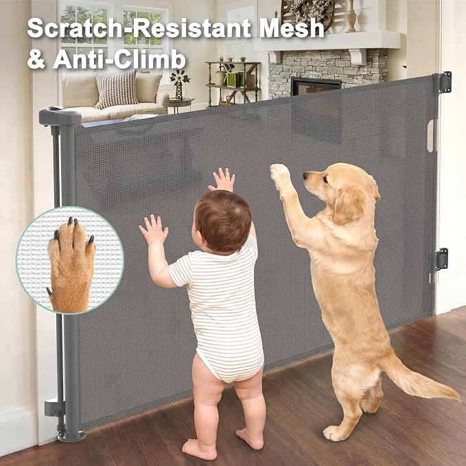 Retractable Dog Gate for Doorways, Indoor/Outdoor Safety Mesh Baby Gates for Stairs, 33" Tall Expands Up To 60" Width, Space-Saving&One Handed Operation Puertas Para Bebes for Hallways, Decks, Porches