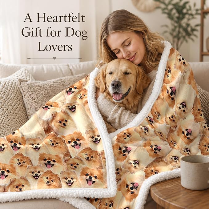 BlessLiving Pomeranian Golden Throw Blanket with Dense Dog Patterns Sherpa Fleece Blanket Couch Bed, Soft Cozy Warm Pet Blankets for Puppy Lovers Cute Animal Print Gift 50x60 Inches