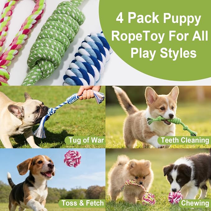 Dog Rope Toys 4 Pack for Small Dogs & Puppies - Cotton Knot Teething Chew Dog Toy, Interactive Tug of War Set for Boredom Relief, Teeth Cleaning, Indoor/Outdoor Play - Mix Colors Pink