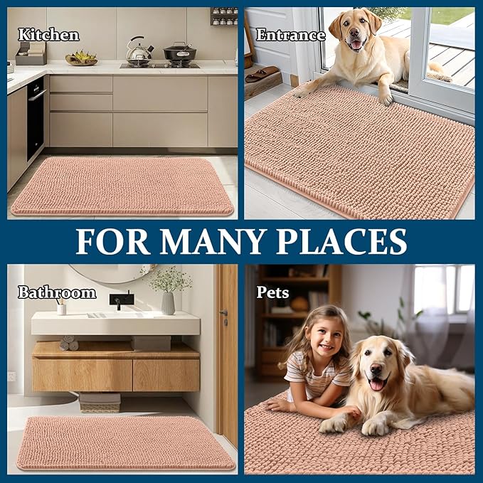 OLANLY Dog Door Mat for Muddy Paws 70x35, Super Absorbent Chenille Mud Mat | Peach, Absorbs Moisture and Dirt, Non-Slip Machine Washable Doormat, Quick-Drying Indoor Entryway Floor Carpet for Dogs
