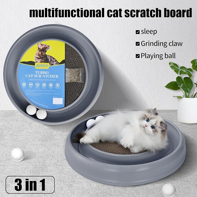 Cat Scratcher Toy Ball Track, Grey | Round Interactive Scratching Board, Exercise Set, For Indoor Cats, Mental & Physical Stimulation