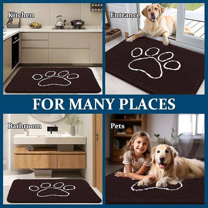 OLANLY Dog Door Mat for Muddy Paws 70x24, Paw Print Design Chenille Mud Mat | Brown, Absorbent, Traps Moisture and Dirt, Non-Slip Washable Doormat, Quick-Drying Indoor Entryway Floor Carpet for Dogs