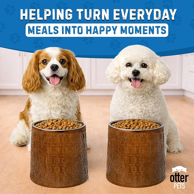 OtterPets Dog Bowls Elevated for Small Dogs, 6-Inch Bamboo Stands, Set of 2 | Includes 2 stainless steel bowls; raised food and water feeding station; raised dog bowl stands