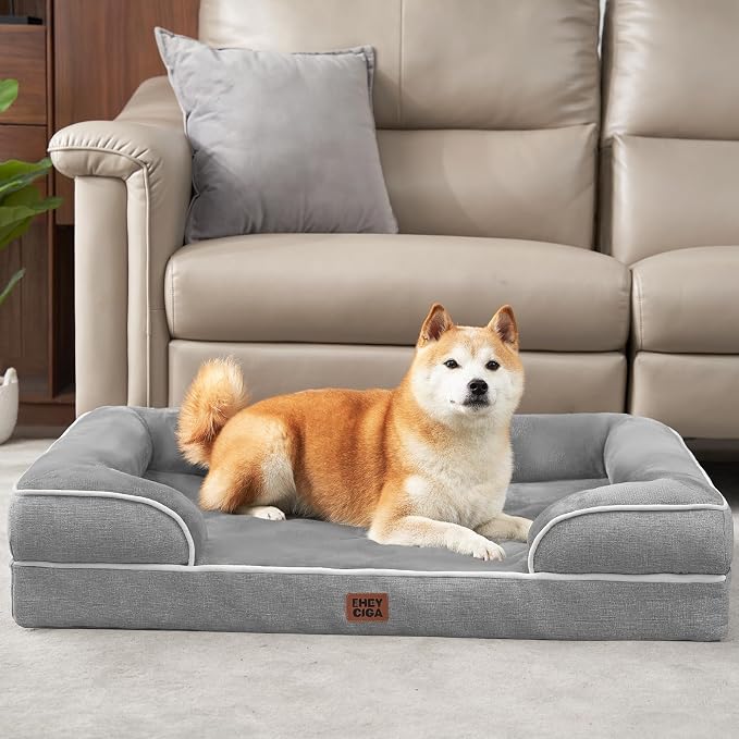 EHEYCIGA Orthopedic Dog Beds Large Sized Dog, Waterproof Memory Foam Pet Bed with Sides, Non-Slip Bottom Large Pet Bed with Washable Removable Cover, Grey