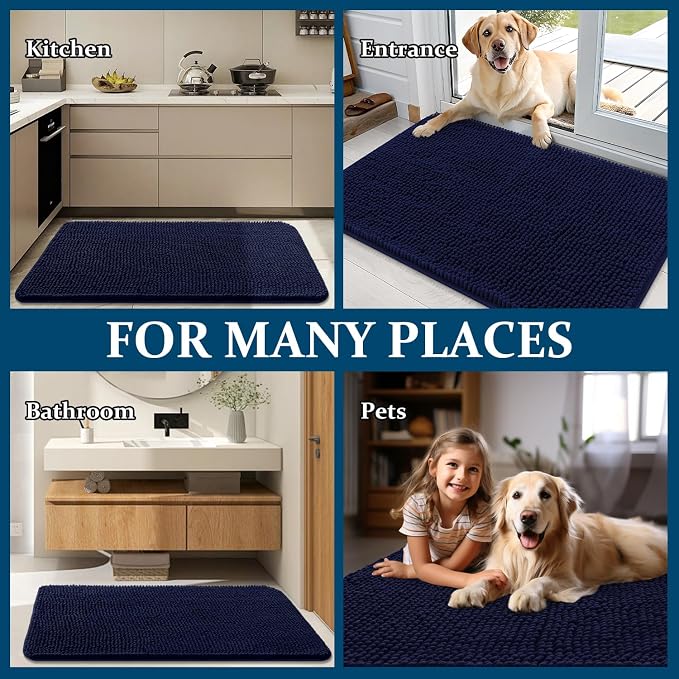 OLANLY Dog Door Mat for Muddy Paws 48x30, Super Absorbent Chenille Mud Mat | Navy Blue, Absorbs Moisture and Dirt, Non-Slip Machine Washable Doormat, Quick-Drying Indoor Entryway Floor Carpet for Dogs
