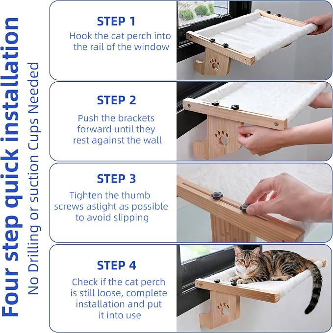 ESPETS Wooden Cat Window Hammock for Large Cats, White Kitten Window Perch | Solid Wood Window Ledge Perch, Sturdy Large Size Shelves, Soft Thick Removable Cushion, Easy Assemble Adjustable, Hold 50LBS