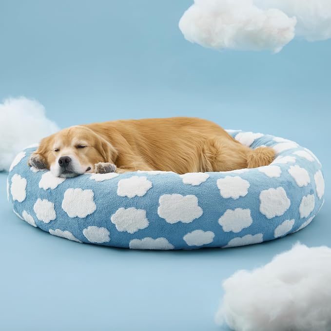 LE SURE Shown on TV Donut Dog Beds Extra Large Sized Dog - Round Pet Beds for Calming Puppy with Washable Cover, Orthopedic Modern Beds with Jacquard Shaggy Plush & Anti Slip Bottom, 42 Inch,Blue