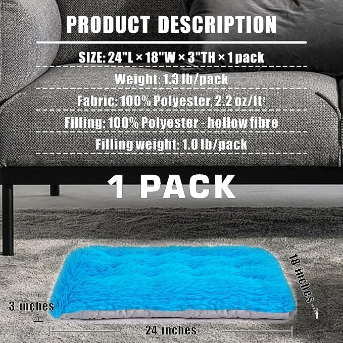 Machine Washable Dog Bed, Deluxe Plush Dog Crate Pad and Cat Bed, Anti-Slip Bottom Kennel Pad Mat, Fuzzy Pet Beds for Large, Medium, Small Dogs Breeds (Azure Blue, 24.0"L x 18.0"W x 3.0"Th x 1 PACK)