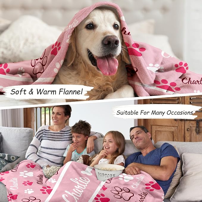 Personalized Dog Blanket, Customized Pet Blankets with Name Picture, Throw Blanket for Small Medium Large Dog Puppy Cat (E-Pink)