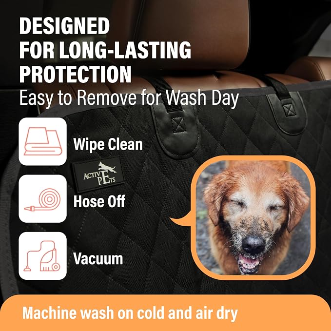 Active Pets Black Car Rear Seat Cover for Dogs, Durable Waterproof & Scratch Resistant Vehicle Backseat Protector, Nonslip Dog Accessory & Pet Protection for Back Seats, Machine Washable