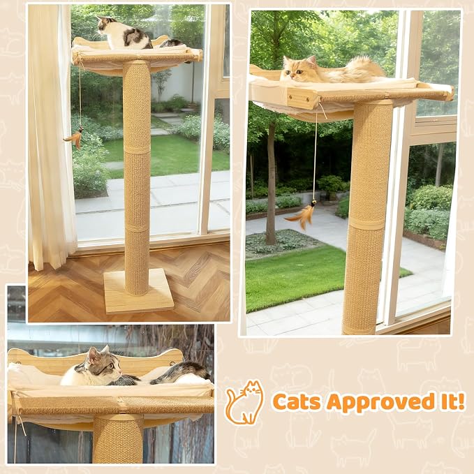 Cat Window Perch Hammock with 3-Piece Detachable Roman Column Sisal Scratching Posts, White Fluffy Cusion, Drill-Free Suction Cup Mount, Extra Large for Large Cats & Maine Coons, 60 LBS Capacity