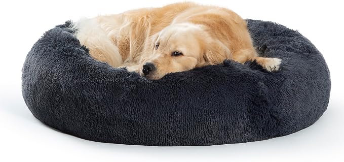 SAVFOX 36 inches Calming Donut Dog Bed - 3X Durable Plush Faux Fur, Machine Washable & Non-Slip, Fits up to 100 lbs, Dark Grey