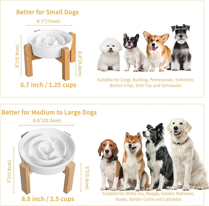 Elevated Slow Feeder Dog Bowl - Ceramic Food Dish with Bamboo Stand - Raised Maze Design - Ideal for Medium to Large Dogs - White - 8.8 inch