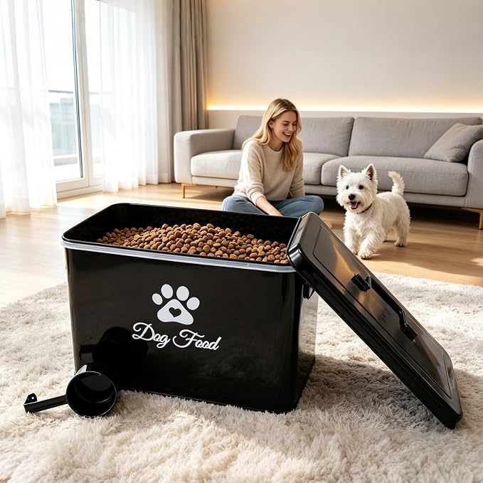 Dog Food Storage Container, Cute Airtight Pet Food Storage Containers with Metal Lid Scoop, 9-12 Lb Large CapacityDog Treat Snack Jar, Black Container Bin for Kitchen Counter Pantry