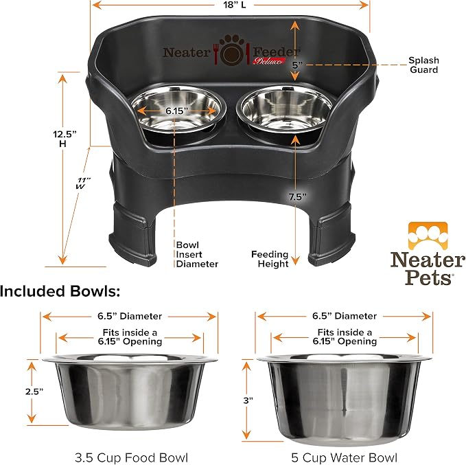 Neater Feeder Deluxe Mess-Proof Elevated Dog Bowls for Medium Dogs (19–40 lbs), 2 Height Adjustable (10” & 12.5”) No-Spill Raised Dog Bowl Stand, Stainless Steel Food Bowl Set, Made in USA, Black