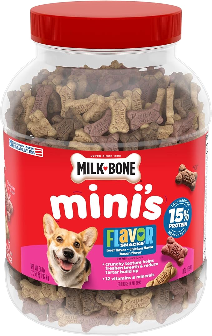 Milk-Bone Flavor Snacks Mini’s Dog Biscuits, Flavored Crunchy Dog Treats, 36 Oz. Canister | 5 calories per treat, 15% protein, 3 flavors per canister (beef, chicken & bacon, naturally & artificially flavored)