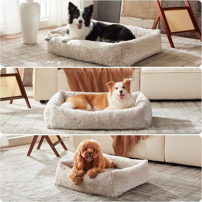 JOEJOY Dog Bed for Small Medium Dogs, Removable Washable Cover Orthopedic Soft Faux Rabbit Fur Pet Bed, Anti-Slip Fluffy Plush Puppy Bed, 25"x21"x7", Leopard Print, Beige