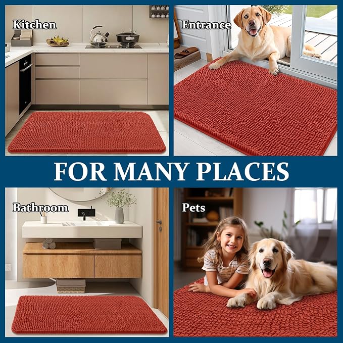 OLANLY Dog Door Mat for Muddy Paws 47x17, Super Absorbent Chenille Mud Mat | Maple Red, Absorbs Moisture and Dirt, Non-Slip Machine Washable Doormat, Quick-Drying Indoor Entryway Floor Carpet for Dogs