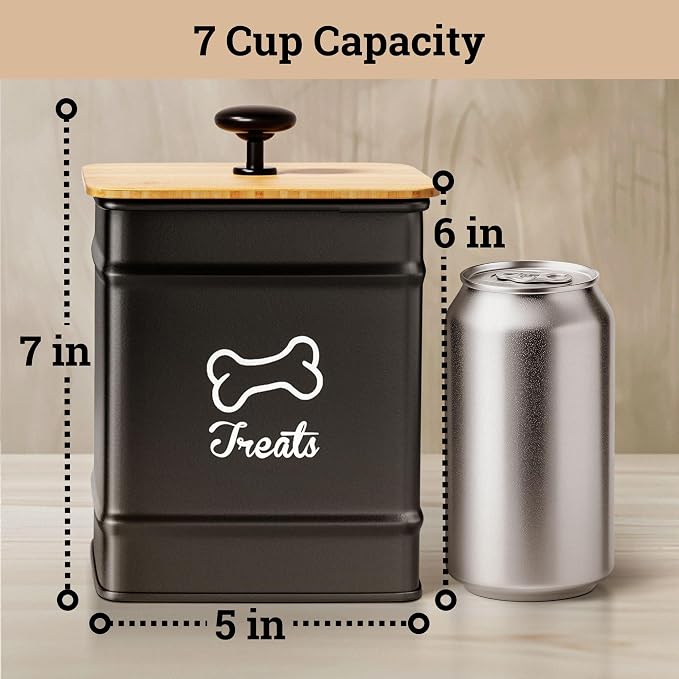 Dog Treat Container with Airtight Bamboo Lid, 5"W x 7"H, 7 Cup Capacity | Fits Most Popular Treats, 7 Cups Capacity, Airtight Bamboo Lid, Easy Open Metal Lid Handle, Dent-Resistant Durable Metal