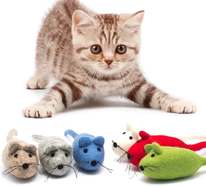 Glaciart One Felt Mouse Cat Toy – 6 Pcs | Soft Fuzzy Enrichment 100% Natural Wool - Interactive Catnip Play Cat Toy Set - Safe for Pets, Non-AZO Colored Dyes