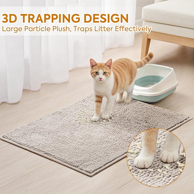 Pieviev Soft Chenille Cat Litter Box Mat, Ultra Absorbent, 48'' x 36'' | Long Plush Chenille Traps Cat Deeply, Waterproof Tpr Anti-Slip Backing, Absorbs Moisture, Machine Washable Cat Mat