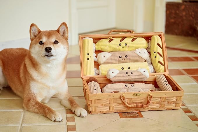 Squeaky Dog Plush Toy, Bakery Bite_Stick Collection, 12", for Various Sized Dogs (Croissant, Large)