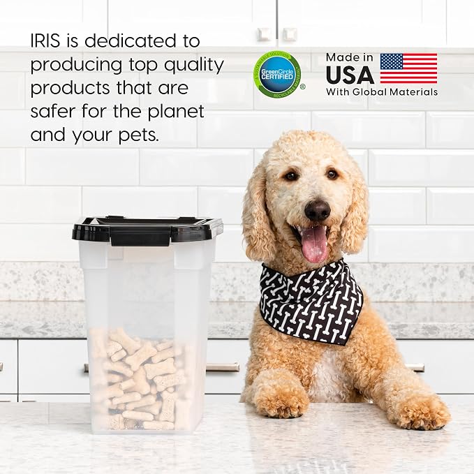 IRIS USA Airtight Dog Food Storage Container, WeatherPro, Up to 10 lbs, for Dog Cat Bird and Other Pet Food Storage Bin, Keep Fresh, Translucent Body, Made in USA, Clear/Black